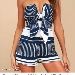 The Lulus Delphi Blue and White Striped Tie-Front Strapless Romper -Size L - NWT